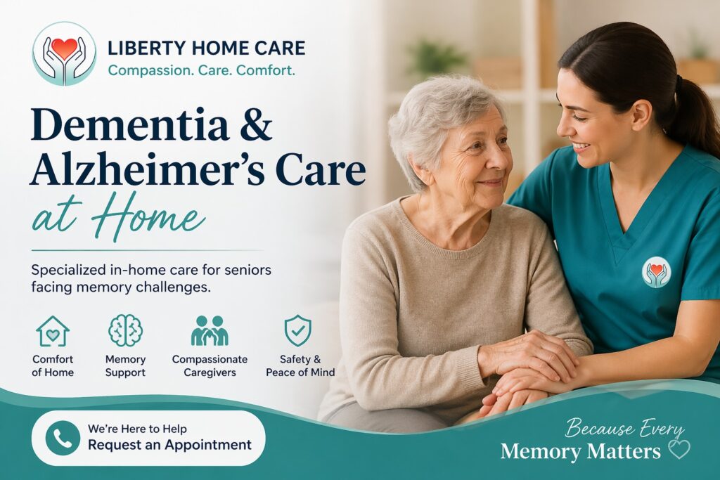 Dementia & Alzheimer’s Care at Home: A Complete Guide for Families Caring for a loved one with dementia or Alzheimer’s can be emotionally and physically challenging. As memory loss progresses, seniors often need additional support to stay safe and maintain their daily routines. That’s where professional in-home care services can make a meaningful difference. What is Dementia & Alzheimer’s In-Home Care? Dementia and Alzheimer’s in-home care is a specialized service designed to support seniors who are experiencing cognitive decline. Instead of moving to a facility, seniors receive care in the comfort of their own home, where they feel more secure and familiar. These services focus not only on physical assistance but also on emotional support and memory stimulation. Key Services Included in Memory Care at Home Professional caregivers provide a range of essential services, including: Assistance with daily personal care (bathing, dressing, hygiene) Healthy meal preparation and feeding support Light housekeeping to maintain a clean environment Medication reminders to ensure proper routines Engaging activities to stimulate memory and reduce confusion These services are designed to improve both safety and quality of life. Benefits of In-Home Dementia Care Choosing in-home care offers several important benefits for seniors and their families: 1. Familiar Environment Staying at home reduces confusion and anxiety for seniors with memory loss. 2. Personalized Care Plans Each individual receives care tailored to their condition and stage of dementia. 3. Improved Safety Caregivers help prevent accidents and monitor daily activities. 4. Emotional Support & Companionship Seniors feel less isolated with regular interaction and support. 5. Peace of Mind for Families Families can feel confident knowing their loved one is in safe hands. When Should You Consider Dementia Care? You may want to consider professional care if your loved one: Frequently forgets important tasks or events Gets confused or disoriented easily Struggles with daily activities Needs help with medication or meals Shows signs of anxiety, frustration, or isolation Early support can significantly improve long-term well-being. Why Professional Care Matters Trained caregivers understand how to manage the unique challenges of dementia and Alzheimer’s. They follow structured routines, use memory-support techniques, and provide compassionate care that adapts as the condition progresses. This kind of support helps seniors stay independent for longer while ensuring their safety and comfort. Final Thoughts Dementia and Alzheimer’s care at home is not just about assistance—it’s about preserving dignity, independence, and quality of life. With the right support system, seniors can continue living in a safe and familiar environment while receiving the care they need.