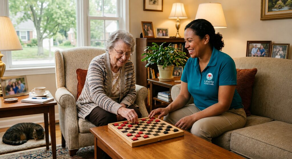 Companion Care.A smiling elderly woman playing a board game with a compassionate Liberty Home Care companion in West Chester, Ohio.