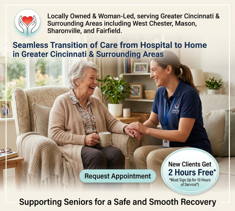 A senior woman smiling with a caregiver in West Chester, representing Liberty Home Care's transition of care from hospital to home services.