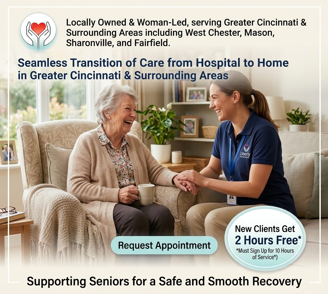 A senior woman smiling with a caregiver in West Chester, representing Liberty Home Care's transition of care from hospital to home services.