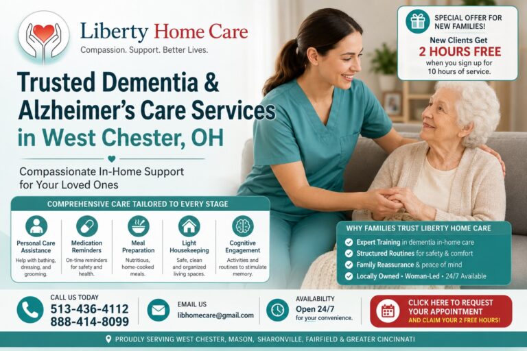 Compassionate caregiver providing dementia and Alzheimer's in-home care support to a senior woman in West Chester, OH by Liberty Home Care.