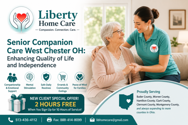 Senior companion caregiver providing compassionate home care support to an elderly woman in West Chester, OH - Liberty Home Care